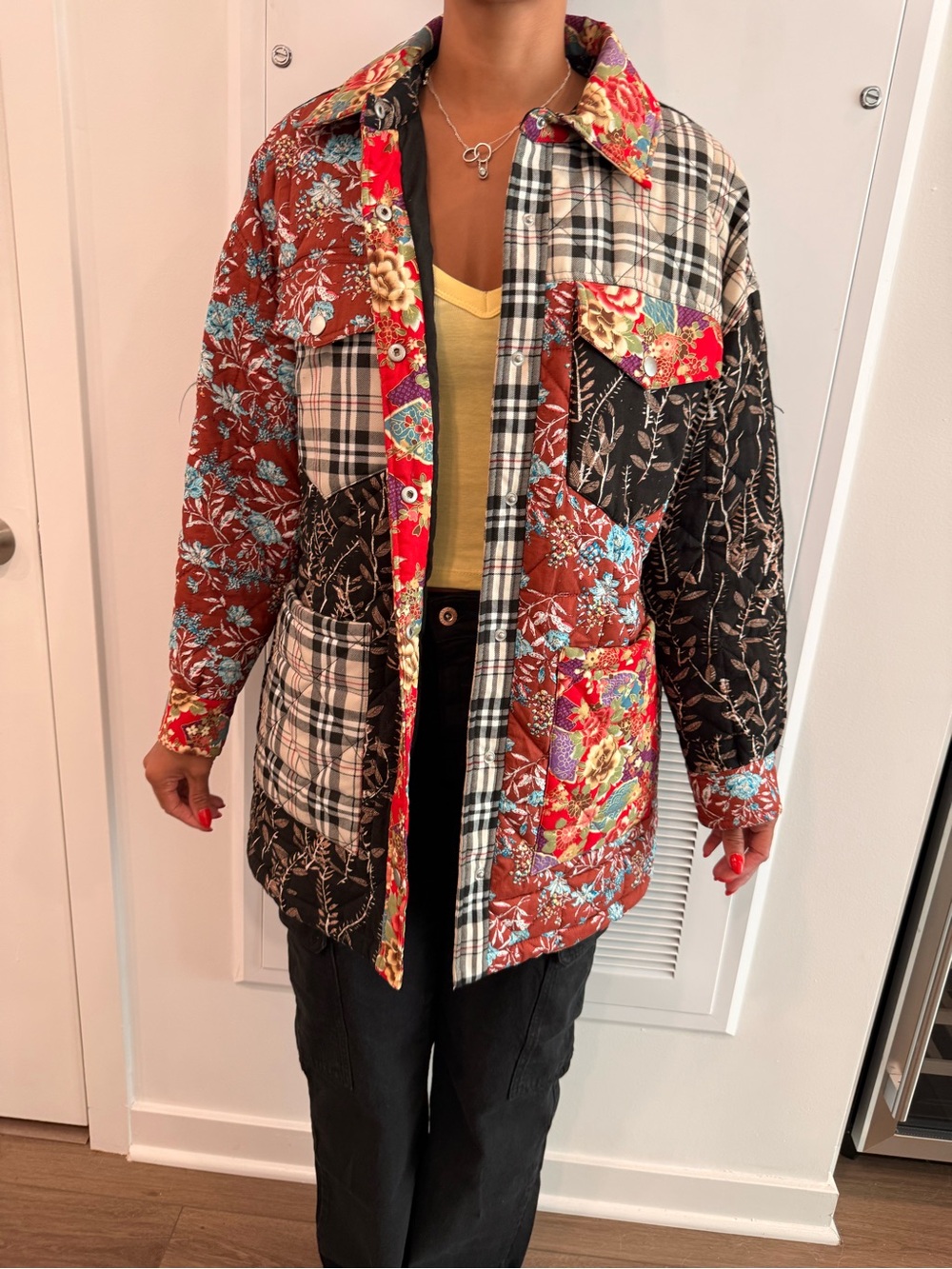 Avec Les Filles Quilted Patchwork Utility Jacket - Rust, Black, Cream, Red